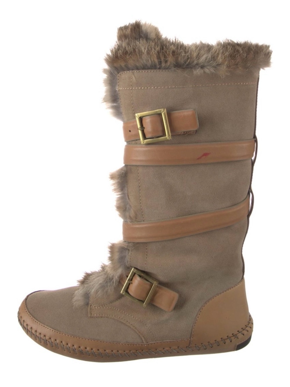 Tory Burch Taupe Faux-Fur Suede Winter Boots with Tan Leather Straps